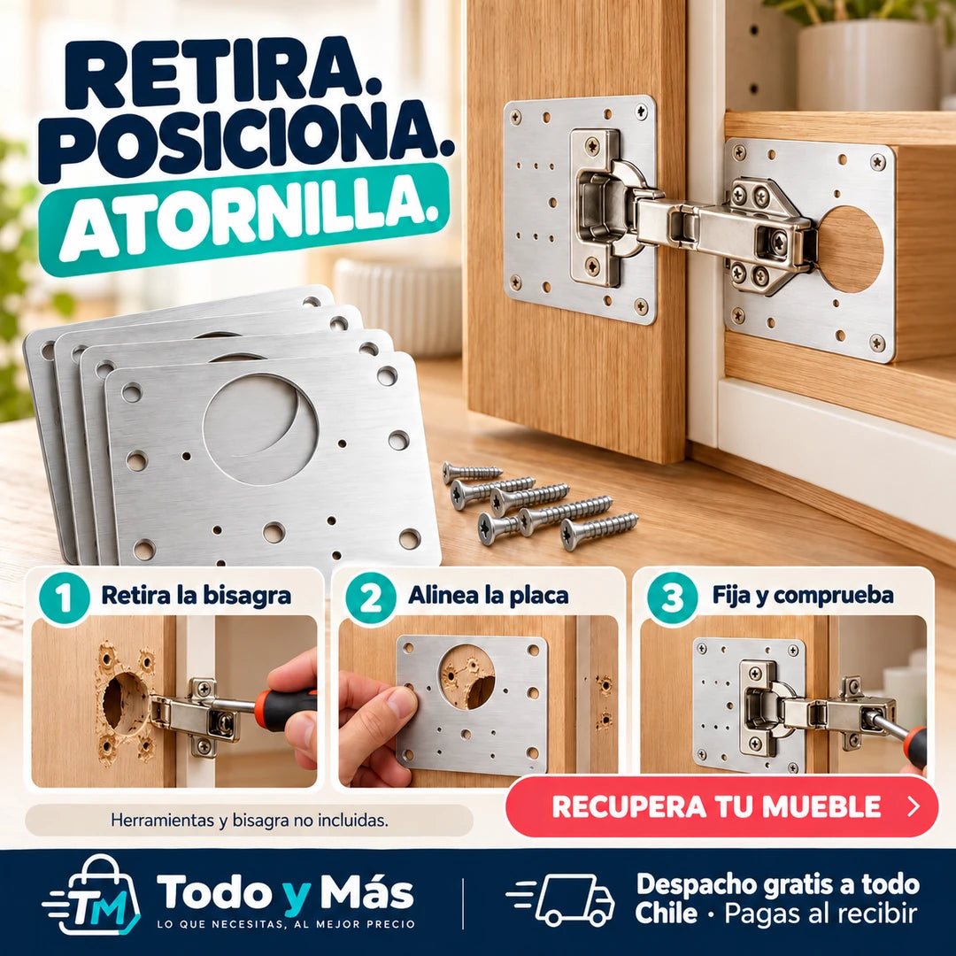 Pack x4 RenovaMuebles · Placa Reparadora Bisagras Premium